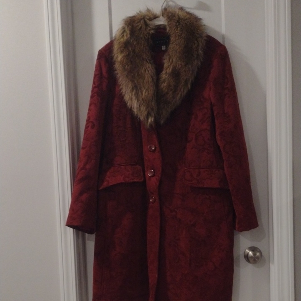 Vintage Giacca Burgundy Trench Coat with Removable Faux Fur Collar XL
